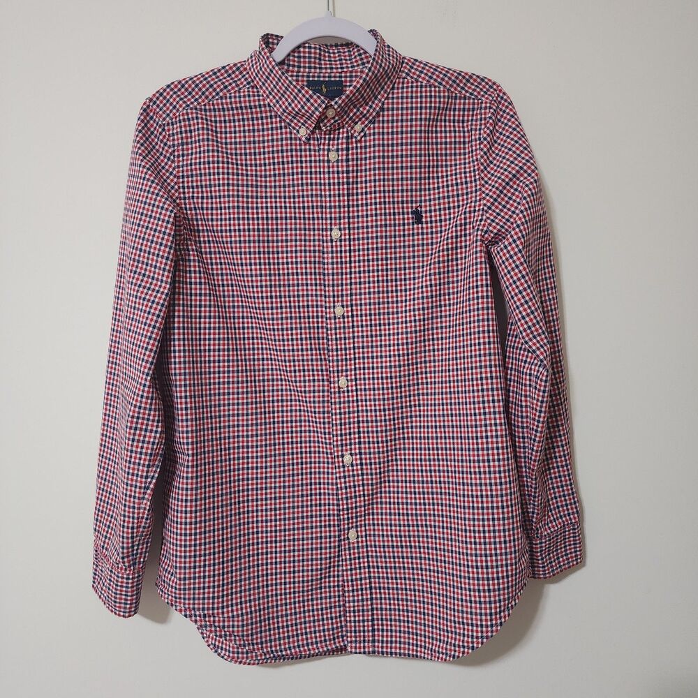 Ralph Lauren Boys Plaid Button Shirt Red Black Cotton XL 14-16 Style 323505937